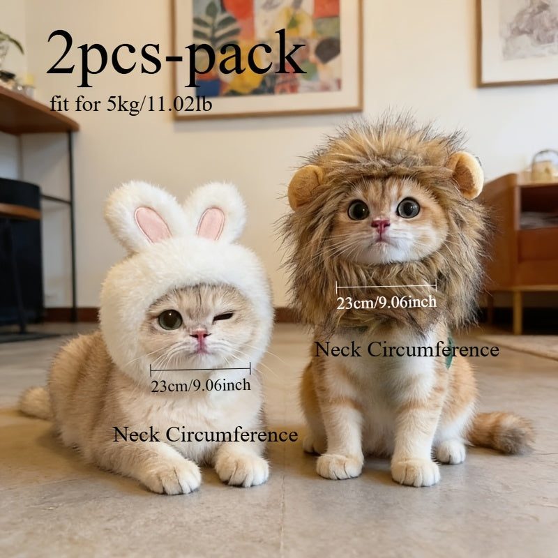 2pcs Cute Cat Accessories for Halloween, Suitable for Pets Weighing 4.41-15.43LB, Christmas Pet Headwear White Rabbit - Lion King Pet Headwear, Universal for Cats and Dogs, Internet-Famous Rabbit Hat, Halloween Cute Bunny Pet Photo Accessory Headwear