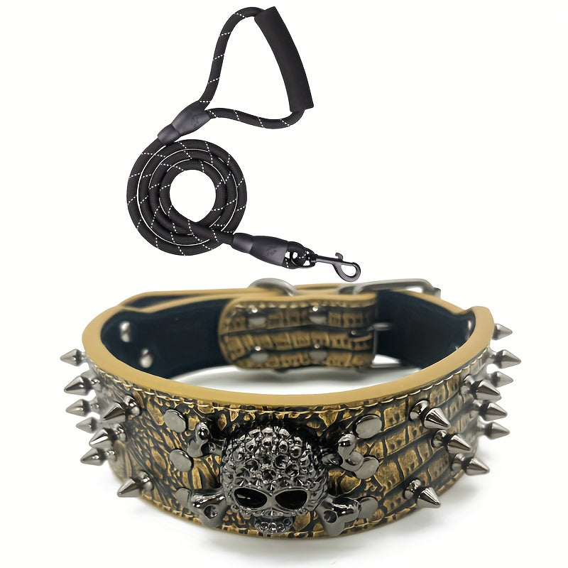 Spiked Studded Leather Dog Collar With Leash, Rivet PU Leather Dog Collar For Training, Walking