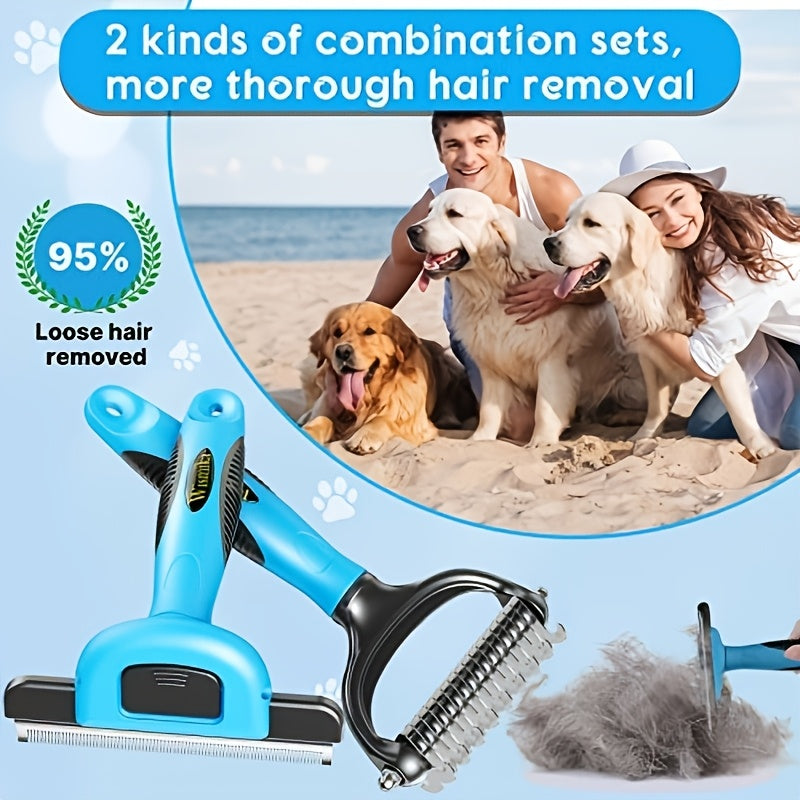 2pcs Pet Grooming Brush Set for Cats & Dogs, Stainless Steel Dematting Deshedding Brush, Professional Undercoat Brush for Medium/Long Hair Medium to Large Breeds