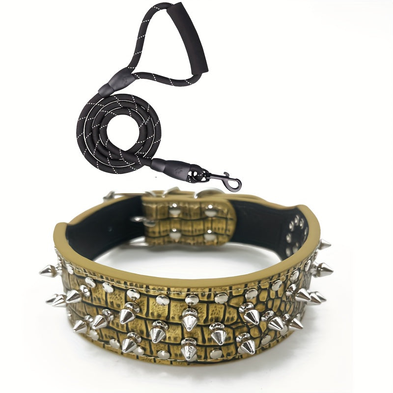 Spiked Studded Leather Dog Collar With Leash, Rivet PU Leather Dog Collar For Training, Walking