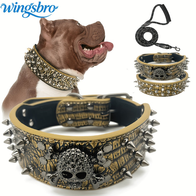 Spiked Studded Leather Dog Collar With Leash, Rivet PU Leather Dog Collar For Training, Walking