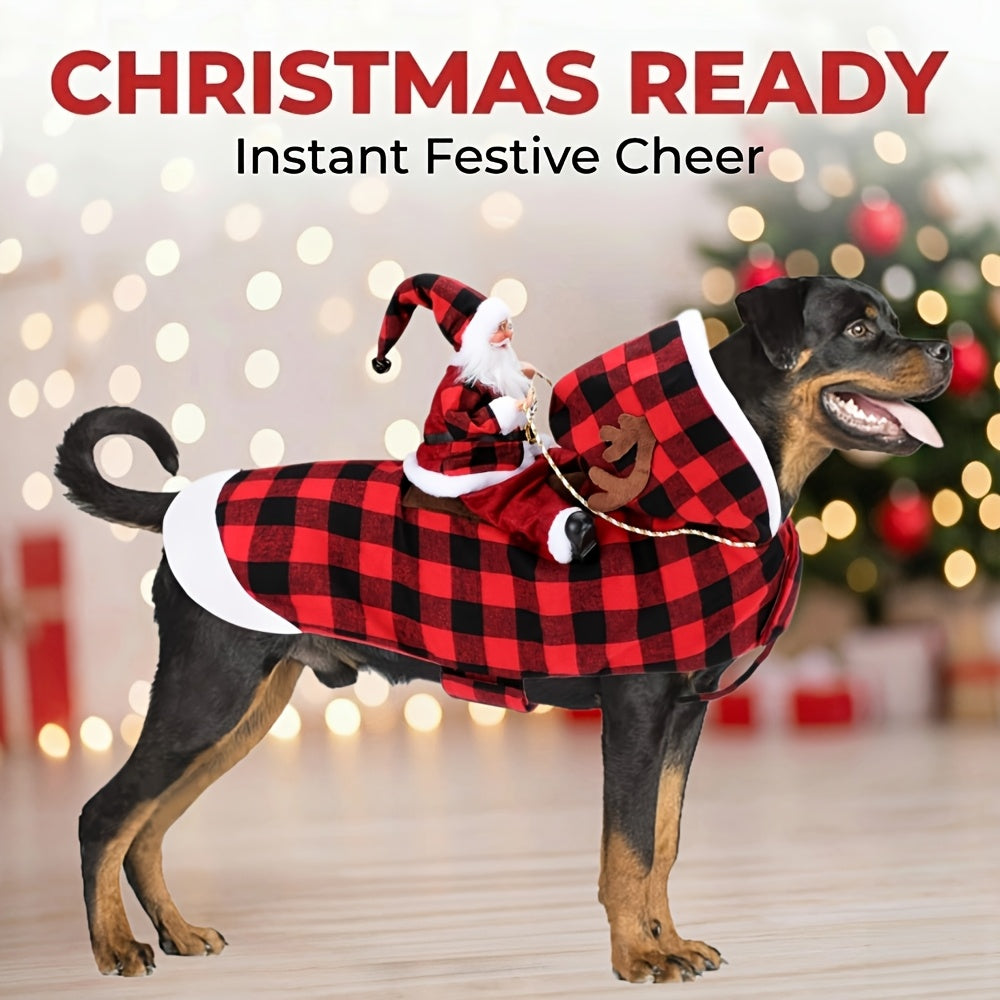 Dog Christmas Costume with Santa Claus Figurine, Buffalo Plaid Reindeer Christmas Outfit for Dogs, Funny Ride-On Holiday Pet Apparel with Plush for Festive Celebration