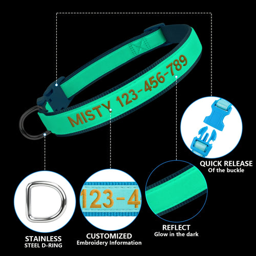(Customized) New Luminous Dog Collar Upgraded Luminous Material Personalized Embroidered Name and Phone Number Anti-lost Four Sizes Five Colors for Small Dogs Medium-sized Dogs and Large Dogs Absorbs Light During the Day and Glows at Night