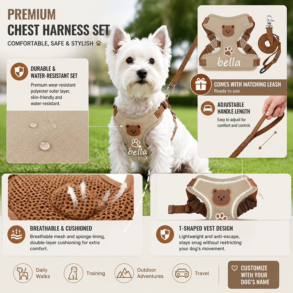 1pc Escape-Proof Adjustable Dog Harness & Leash Set with Bear Vest Vest Suitable for Outdoor Walking, Training, Travel - Lightweight Breathable Harness Suitable for Cats and Dogs, Matching Leash Included, Gift for Puppies and Kittens