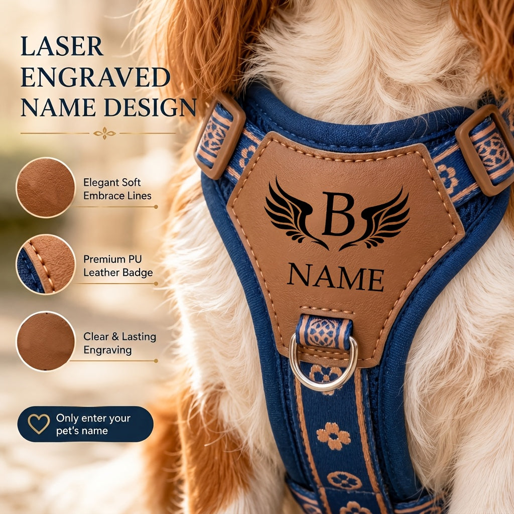 Customizable Name/Text Dog Harness Vest - with Your Pet' Name, No-Pull Anti-Escape Breathable Harness Suitable for Small to Large Dogs, Wing Print Vest-Style Leash System, Hand Washable for Walks & Training