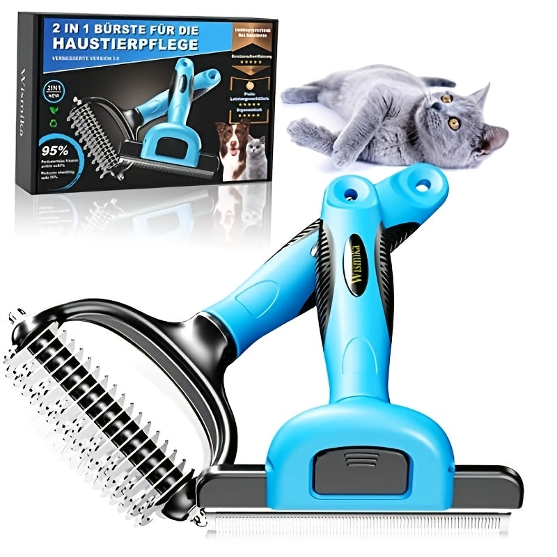 2pcs Pet Grooming Brush Set for Cats & Dogs, Stainless Steel Dematting Deshedding Brush, Professional Undercoat Brush for Medium/Long Hair Medium to Large Breeds