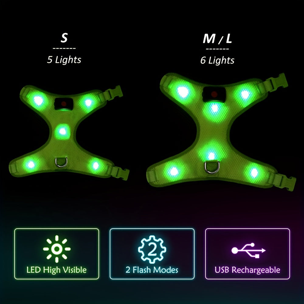 Light Up LED Dog Harness - No Pull LED Dog Harness with Detachable Battery - Rechargeable & Washable LED Dog Vest - Lighted Glowing Dog Walking & Camping Harness Suitable for Small Medium Large Dogs