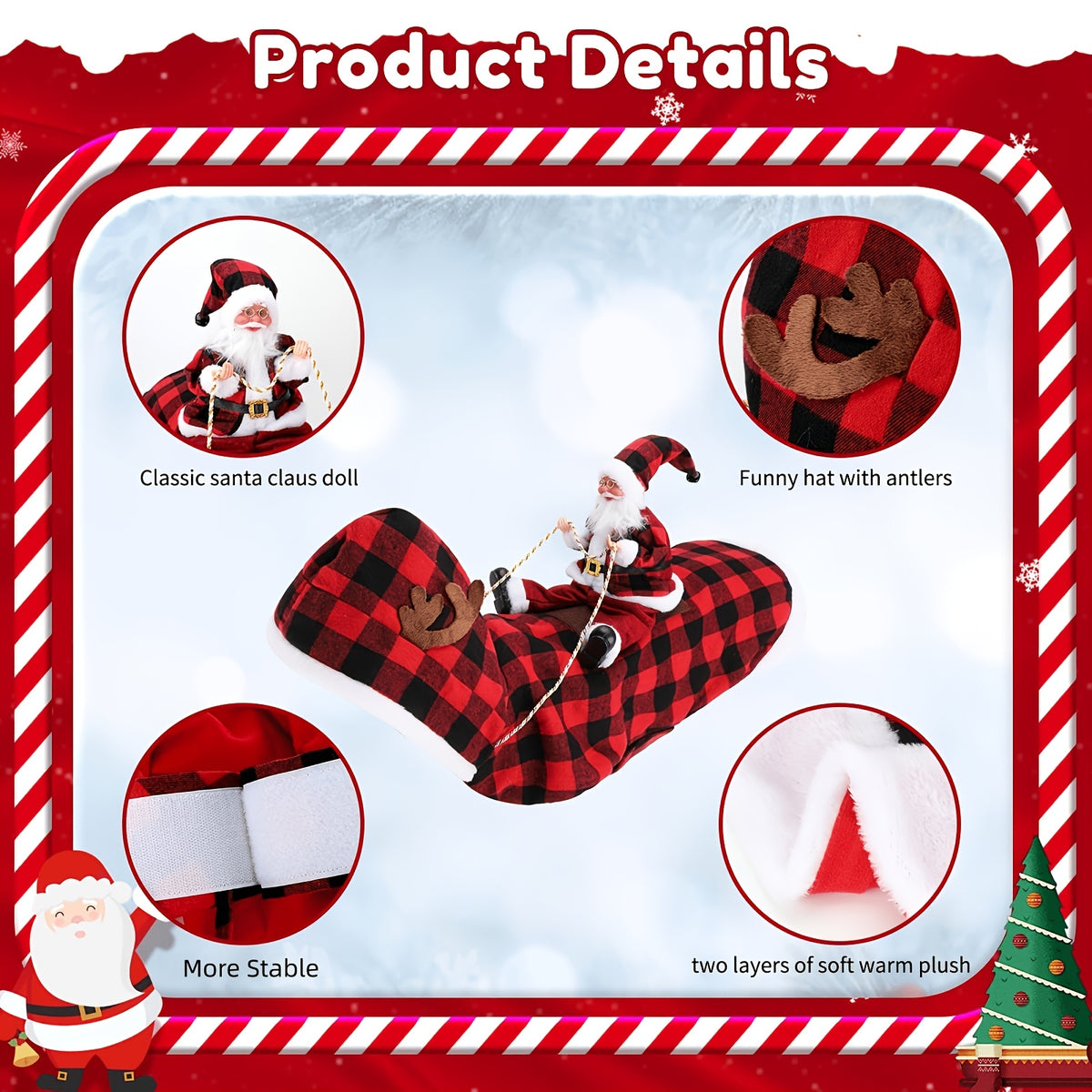 Dog Christmas Costume with Santa Claus Figurine, Buffalo Plaid Reindeer Christmas Outfit for Dogs, Funny Ride-On Holiday Pet Apparel with Plush for Festive Celebration
