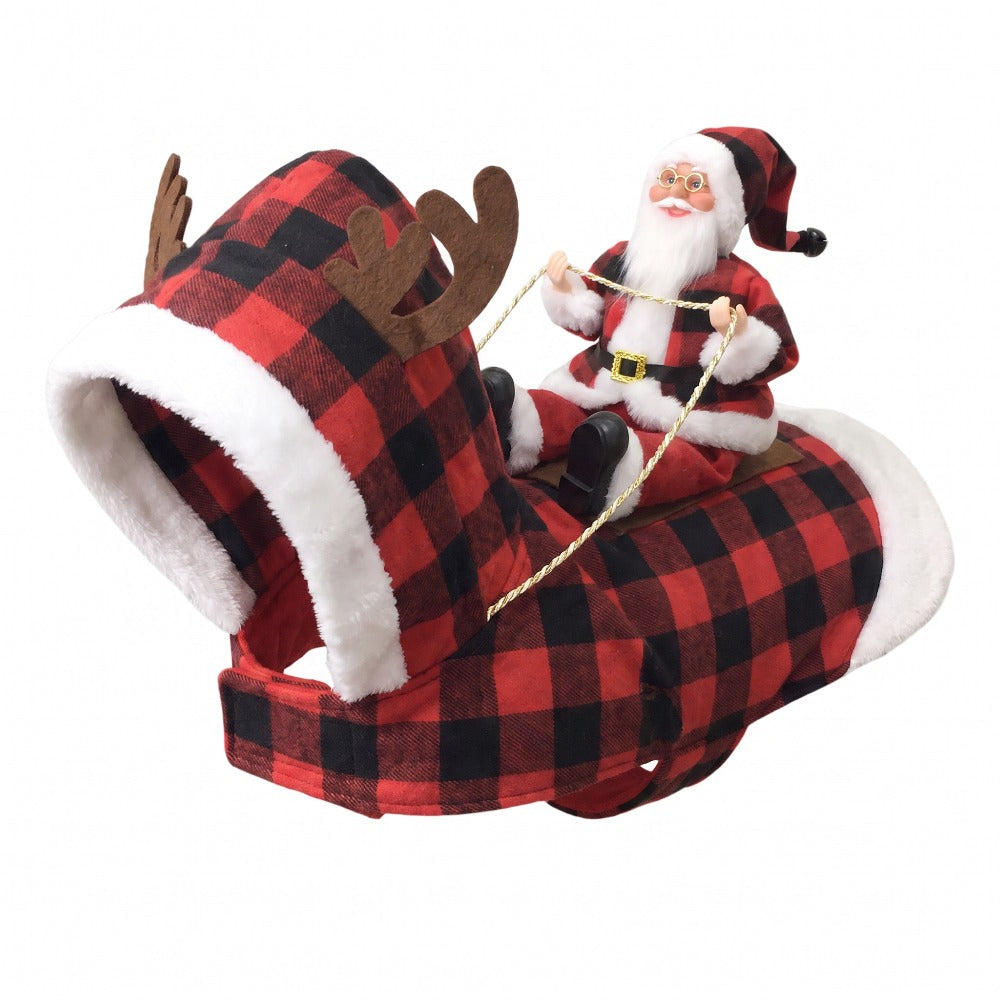 Dog Christmas Costume with Santa Claus Figurine, Buffalo Plaid Reindeer Christmas Outfit for Dogs, Funny Ride-On Holiday Pet Apparel with Plush for Festive Celebration