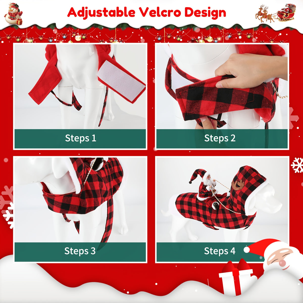 Dog Christmas Costume with Santa Claus Figurine, Buffalo Plaid Reindeer Christmas Outfit for Dogs, Funny Ride-On Holiday Pet Apparel with Plush for Festive Celebration