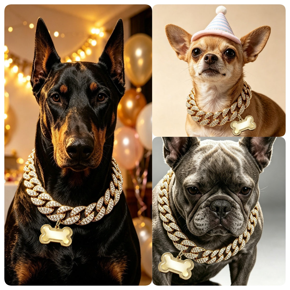Pet Birthday Gift Rhinestone Cuban Decor Neck Chain, Suitable for American Bully, French Bulldog, Doberman, Rottweiler, Trendy Styling Gift Accessory for All Dog Breeds, Without Battery